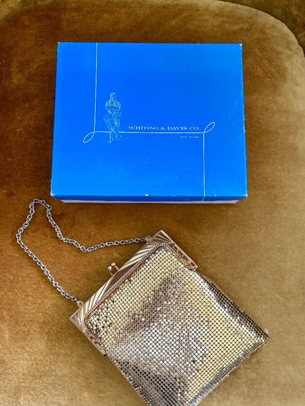 Near Mint Vintage Whiting & Davis Gold Mesh Bag Art Deco Frame | Original Box